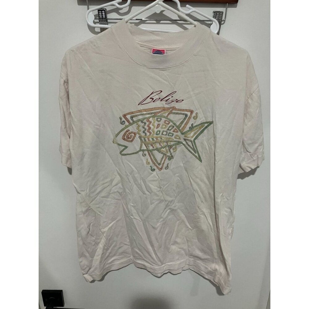 Daneli Men's Vintage Single Stitch Belize Fish T-Shirt, White, Large